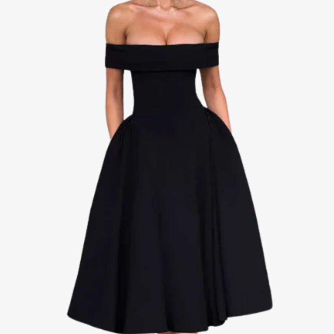 Miles & Luna Off-Shoulder Fitted Bodice A-Line Flared Skirt Elegant Formal Wear Midi Dress for Women