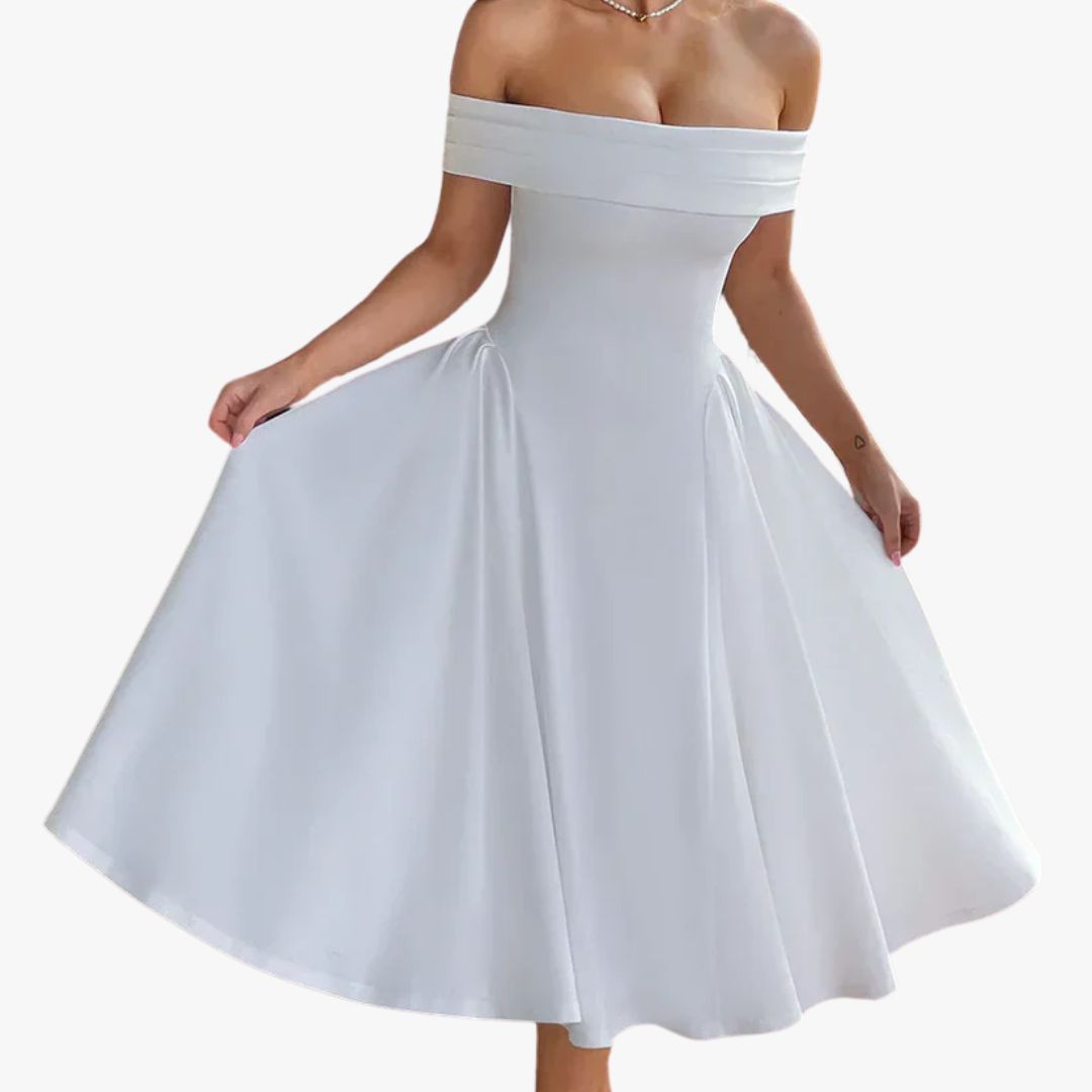 Miles & Luna Off-Shoulder Fitted Bodice A-Line Flared Skirt Elegant Formal Wear Midi Dress for Women