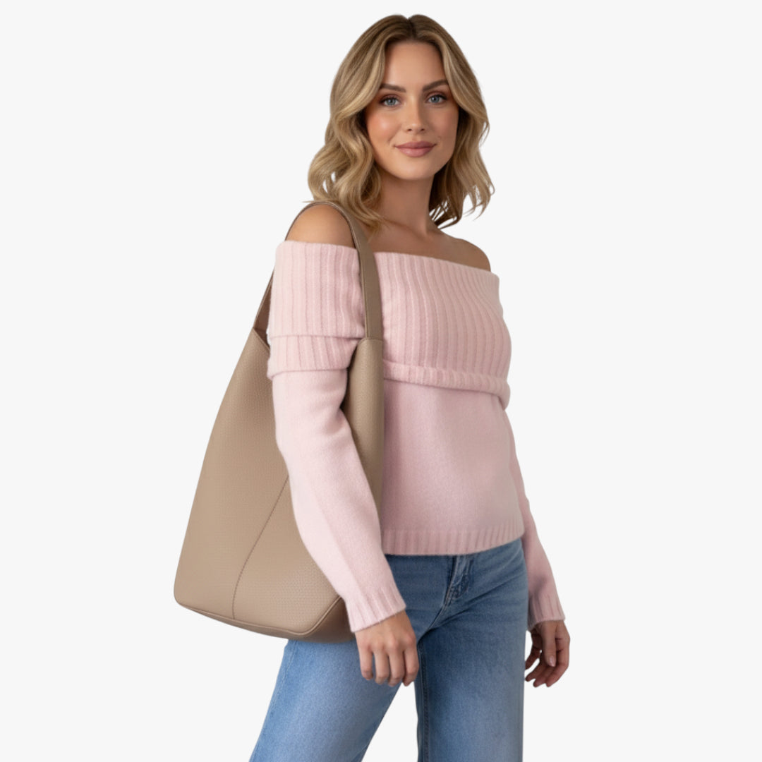 Miles & Luna Off Shoulder Knit Sweater with Ribbed Detailing and Folded Neckline for Women