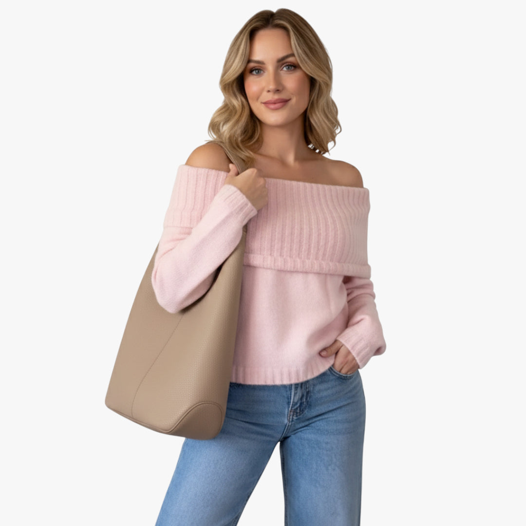 Miles & Luna Off Shoulder Knit Sweater with Ribbed Detailing and Folded Neckline for Women