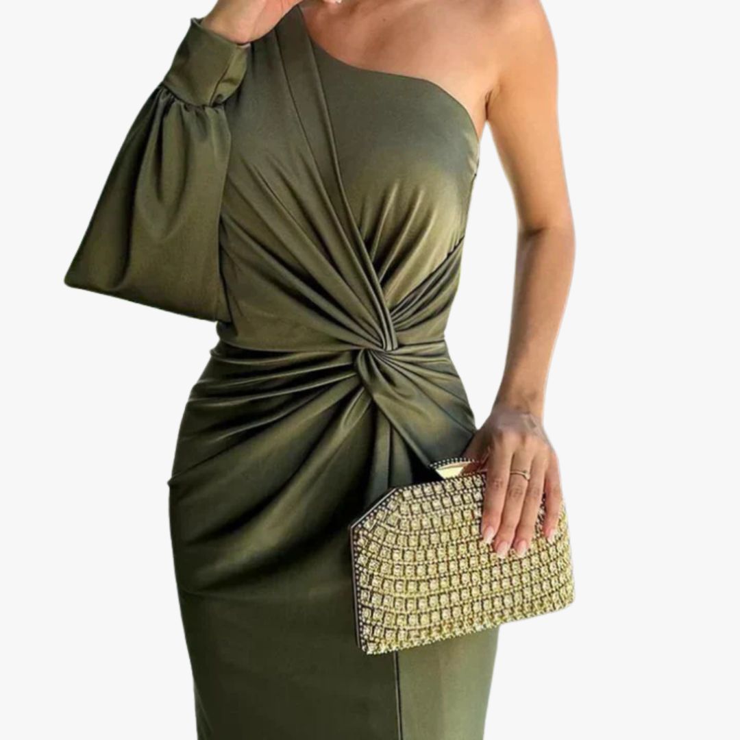 Miles & Luna One-Shoulder Belly Cover Elegant Fitted Design Waist Knot Detail Maxi Dress for Women