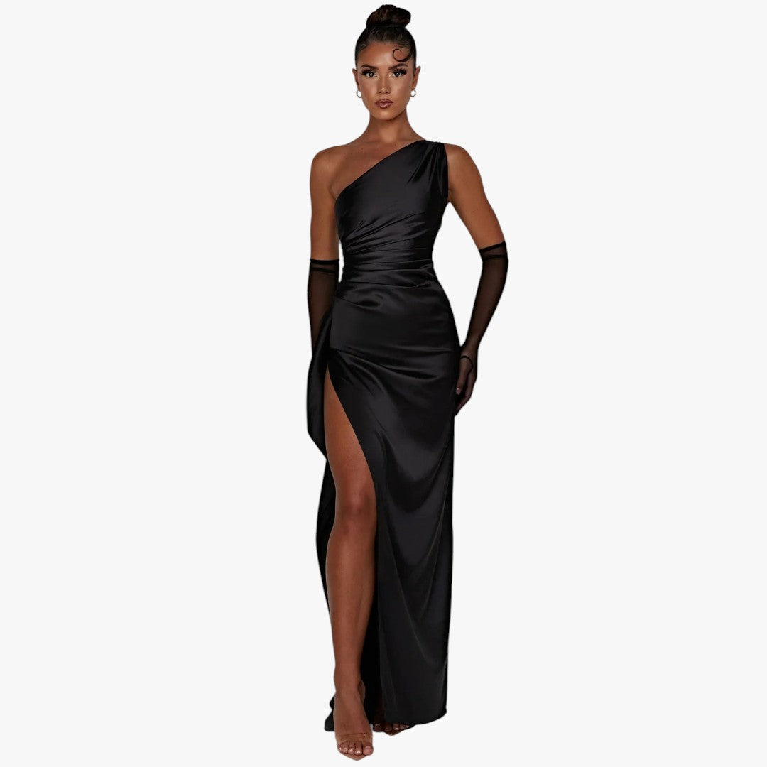 Miles & Luna Pleated Satin One-Shoulder Split Maxi Dress for Women