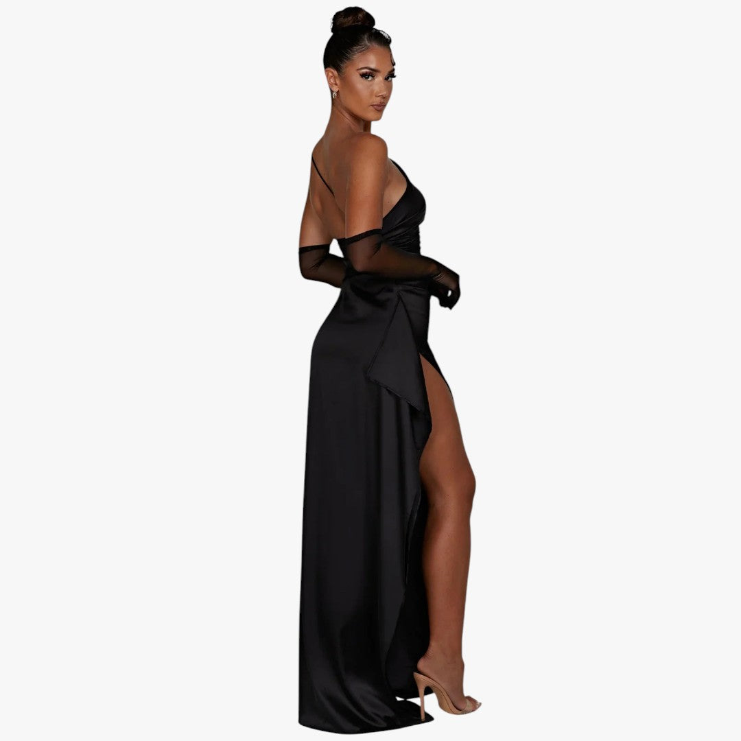 Miles & Luna Pleated Satin One-Shoulder Split Maxi Dress for Women