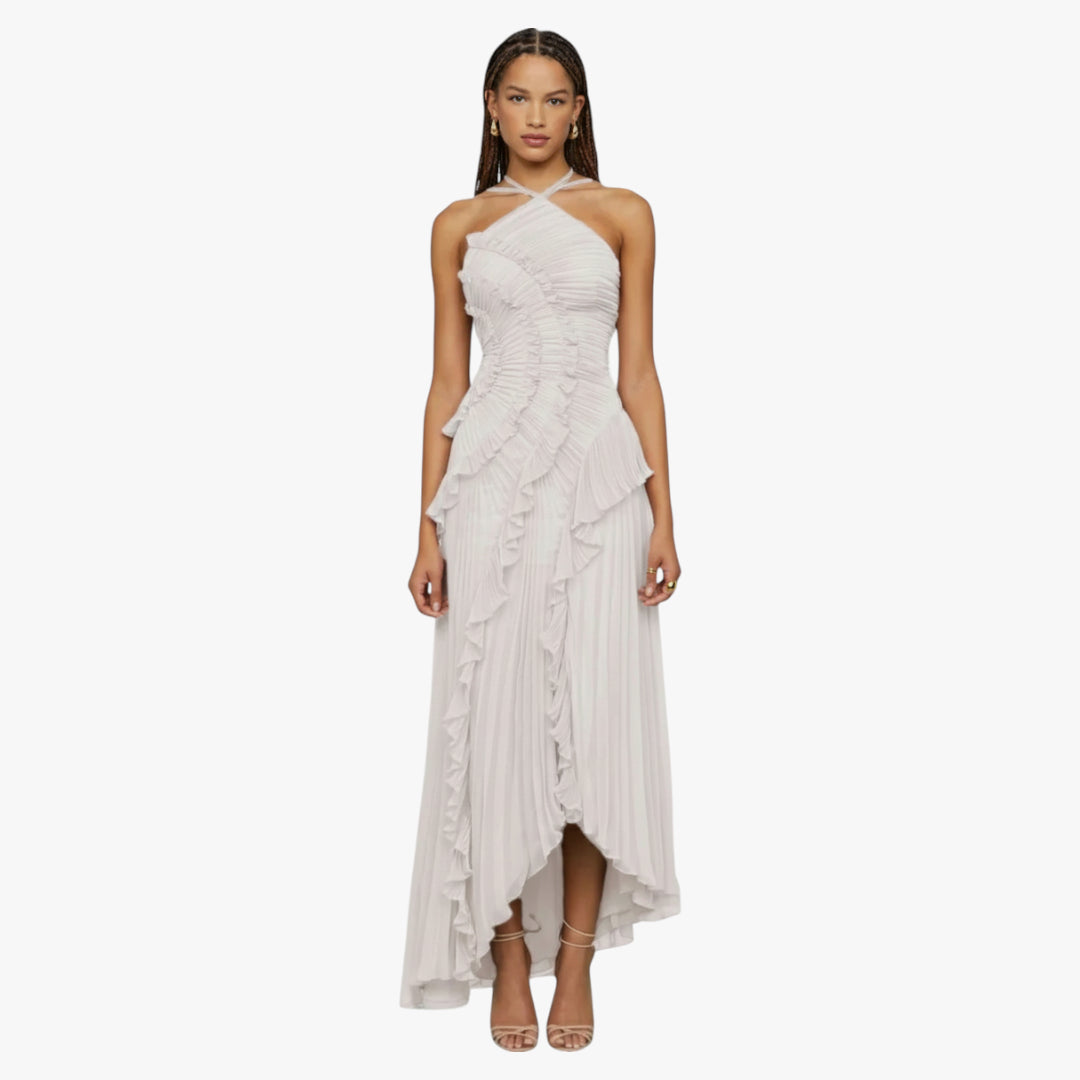 Miles & Luna Ruffle Pleated Halter Maxi Dress Slim Fit European Style for Women