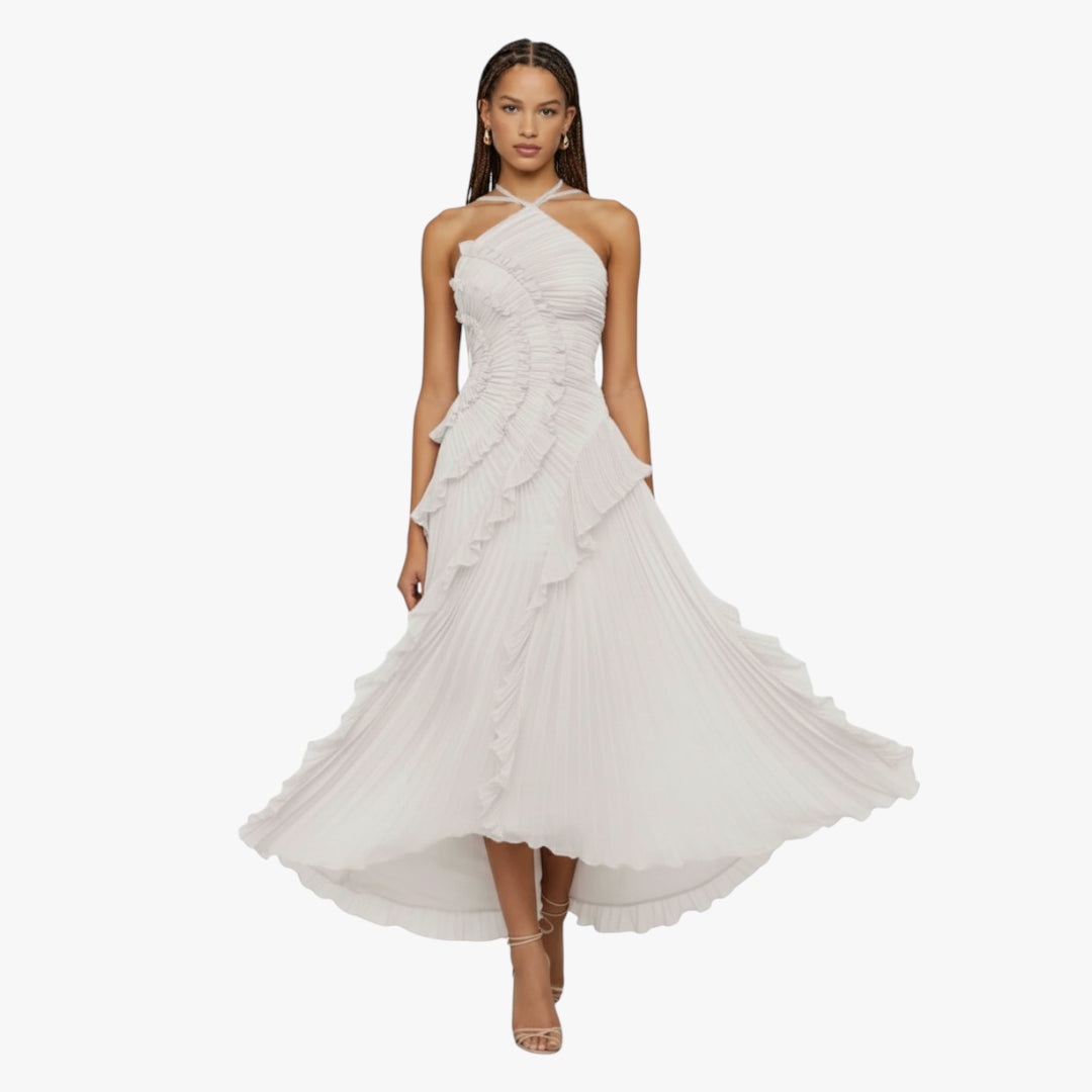 Miles & Luna Ruffle Pleated Halter Maxi Dress Slim Fit European Style for Women
