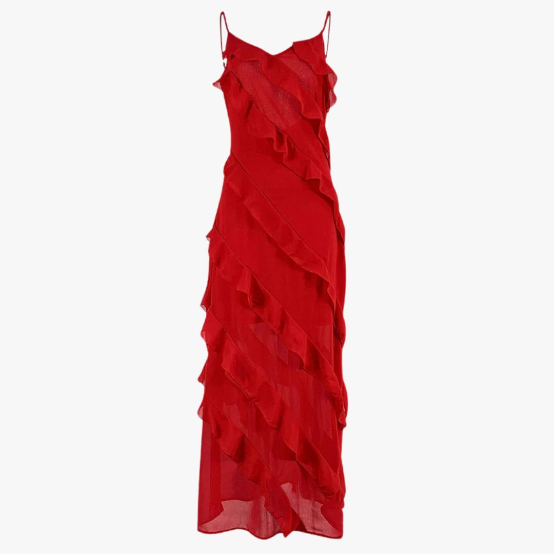 Miles & Luna Ruffled Design V-Neck Elegant Formal Wear Maxi Dress for Women