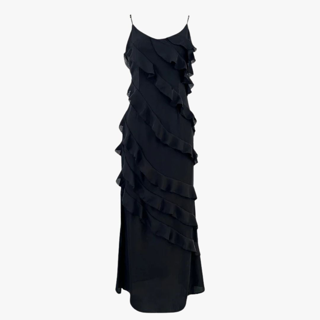 Miles & Luna Ruffled Design V-Neck Elegant Formal Wear Maxi Dress for Women
