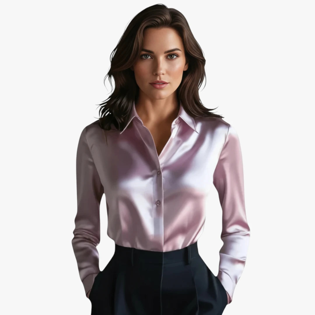 Miles & Luna Satin Long Sleeve Blouse with Silky Finish and Elegant Draped Fit for Women