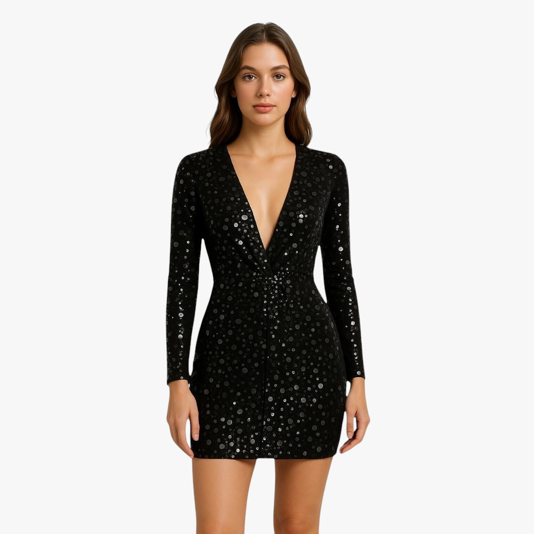 Miles & Luna Sequin Mini Dress with Long Sleeves and Deep V Neckline for Women