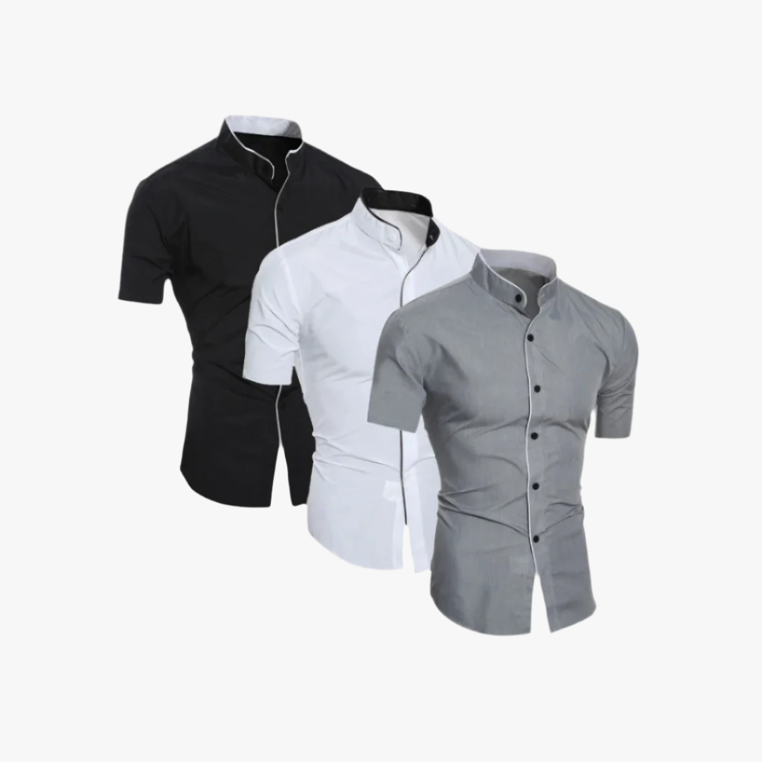 Miles & Luna | Slim-Fit Short-Sleeve Shirt – Modern Stand Collar Men's Top