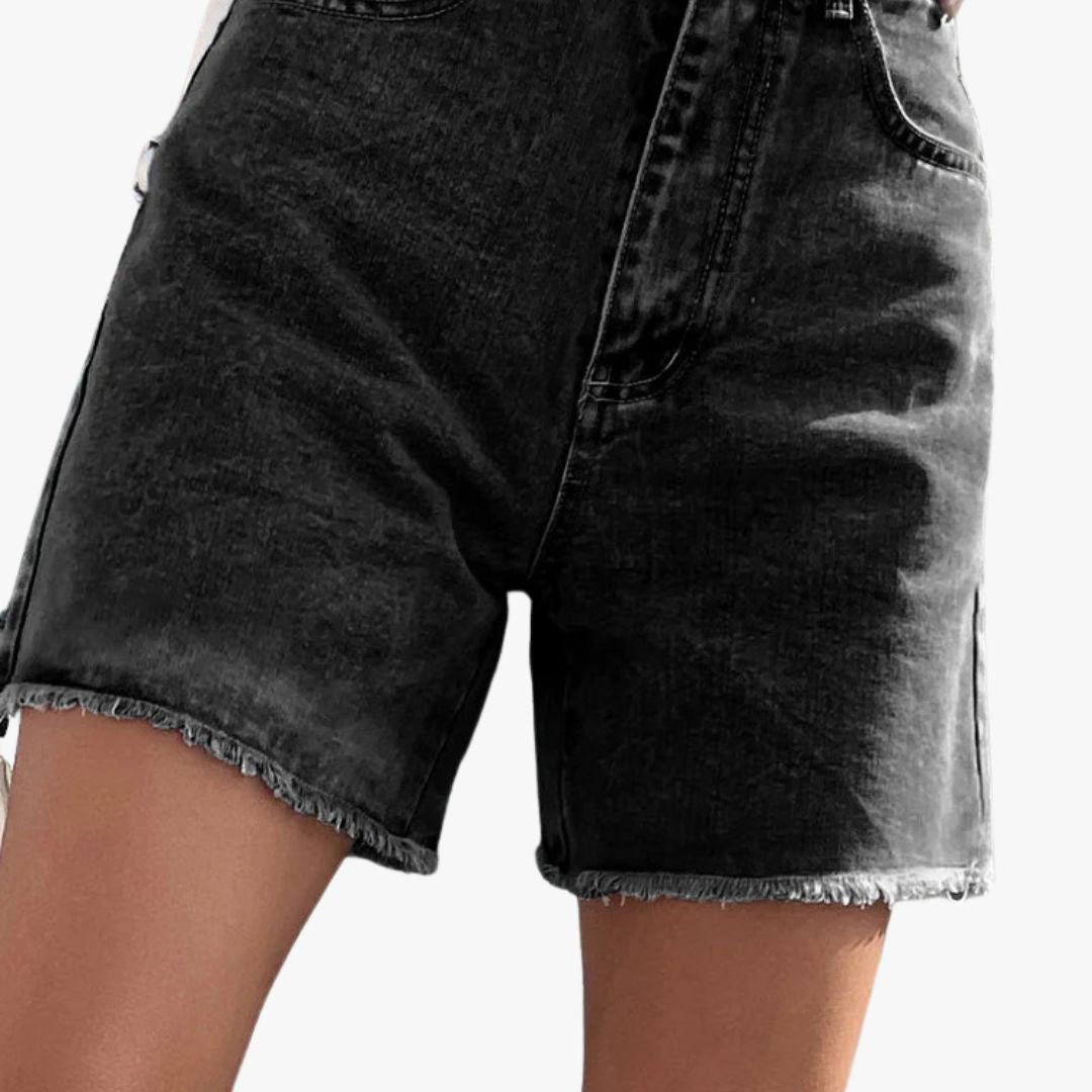 Miles & Luna Solid Color French Denim Shorts with Raw Hem for Women