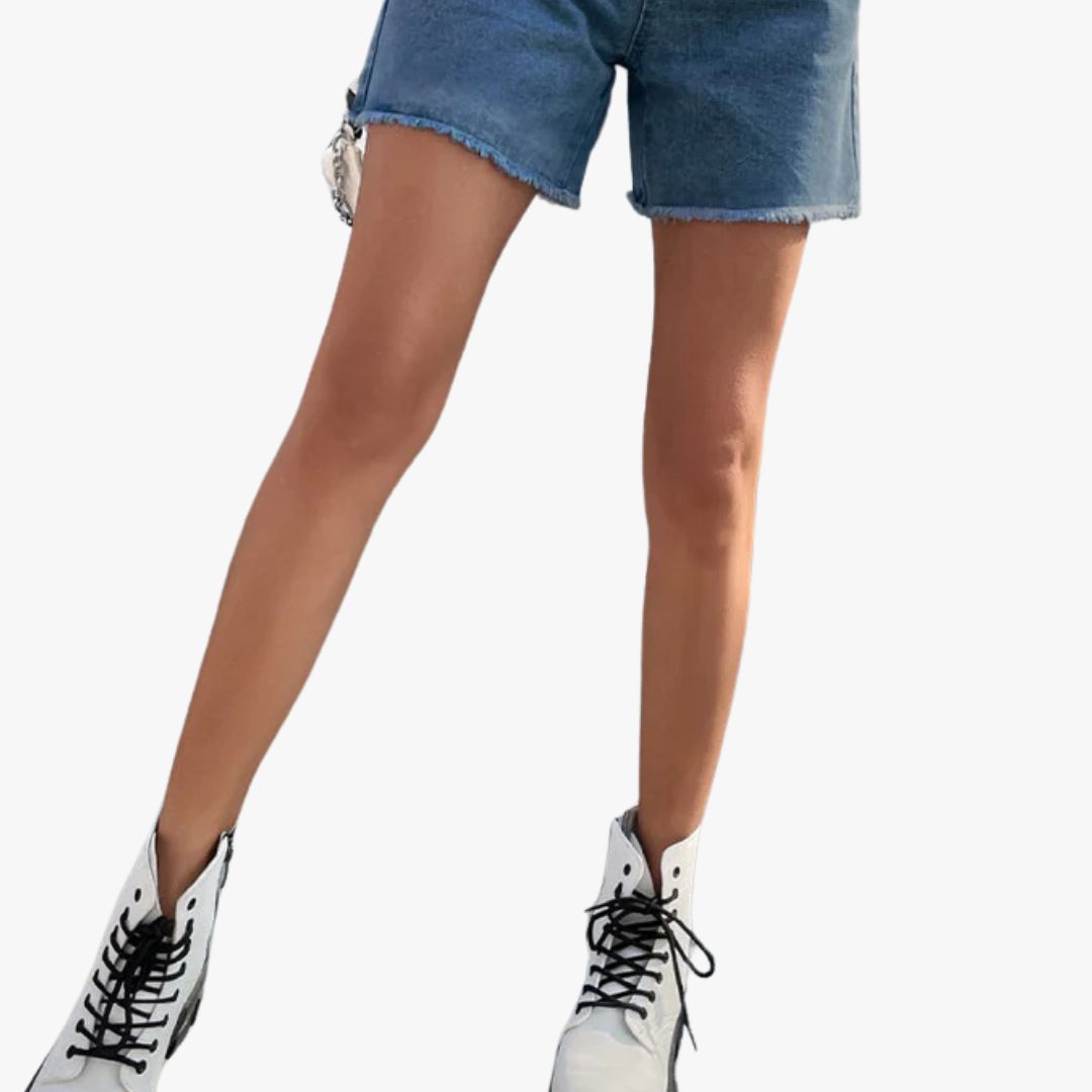Miles & Luna Solid Color French Denim Shorts with Raw Hem for Women