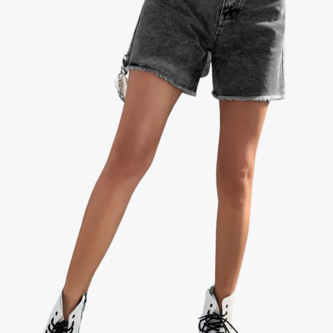 Miles & Luna Solid Color French Denim Shorts with Raw Hem for Women