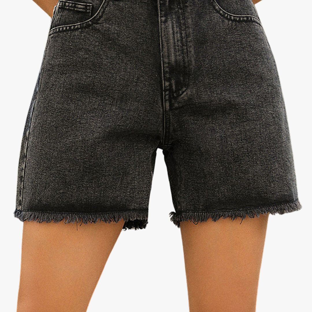 Miles & Luna Solid Color French Denim Shorts with Raw Hem for Women
