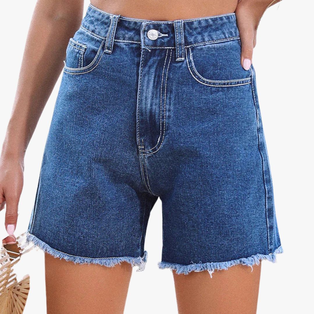 Miles & Luna Solid Color French Denim Shorts with Raw Hem for Women