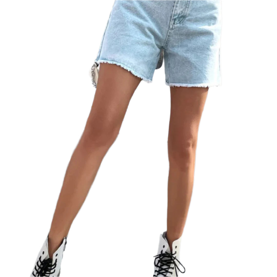 Miles & Luna Solid Color French Denim Shorts with Raw Hem for Women