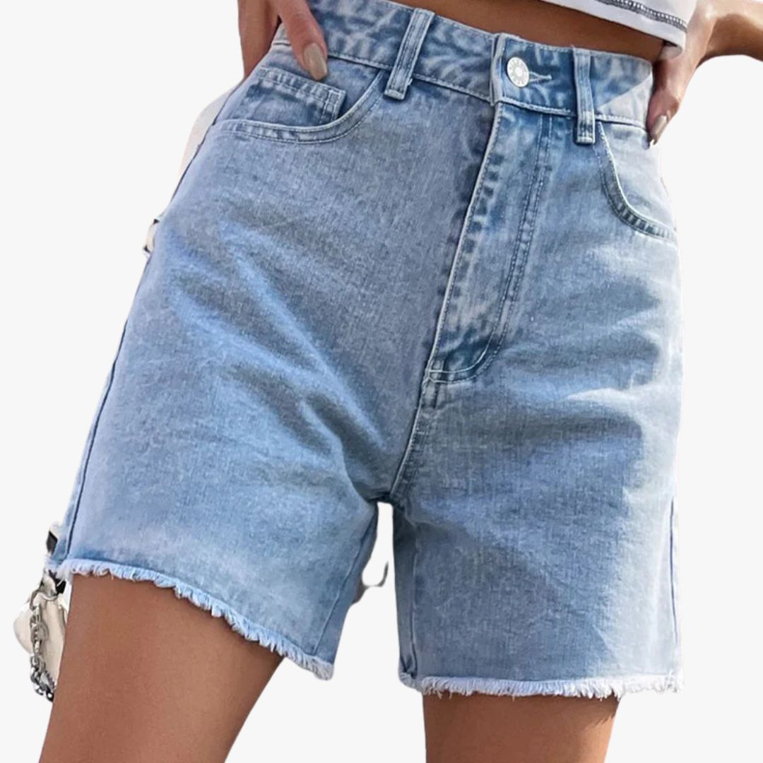 Miles & Luna Solid Color French Denim Shorts with Raw Hem for Women