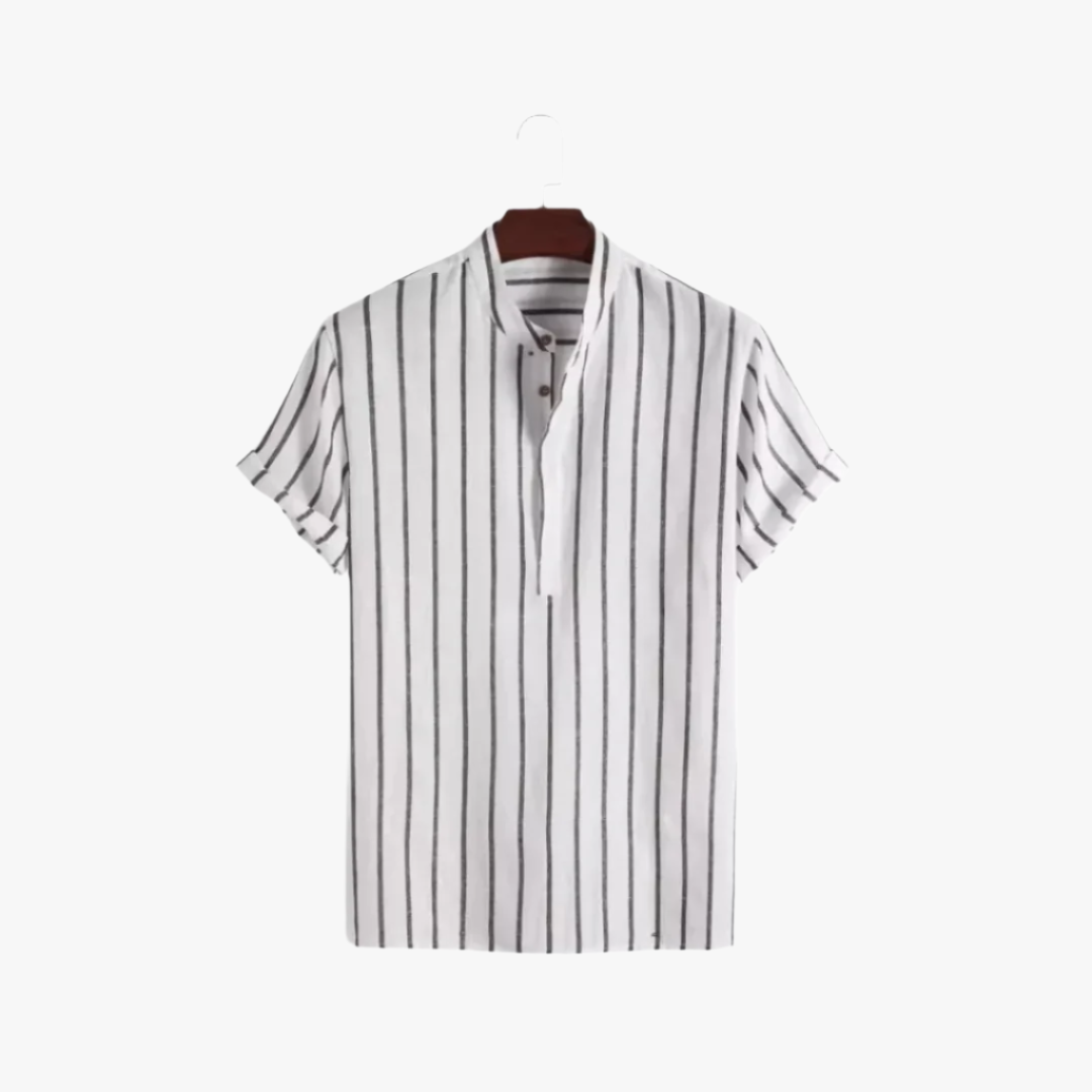 Miles & Luna | Striped Linen Shirt – Men's Lightweight Short-Sleeve with Stand-Up Collar