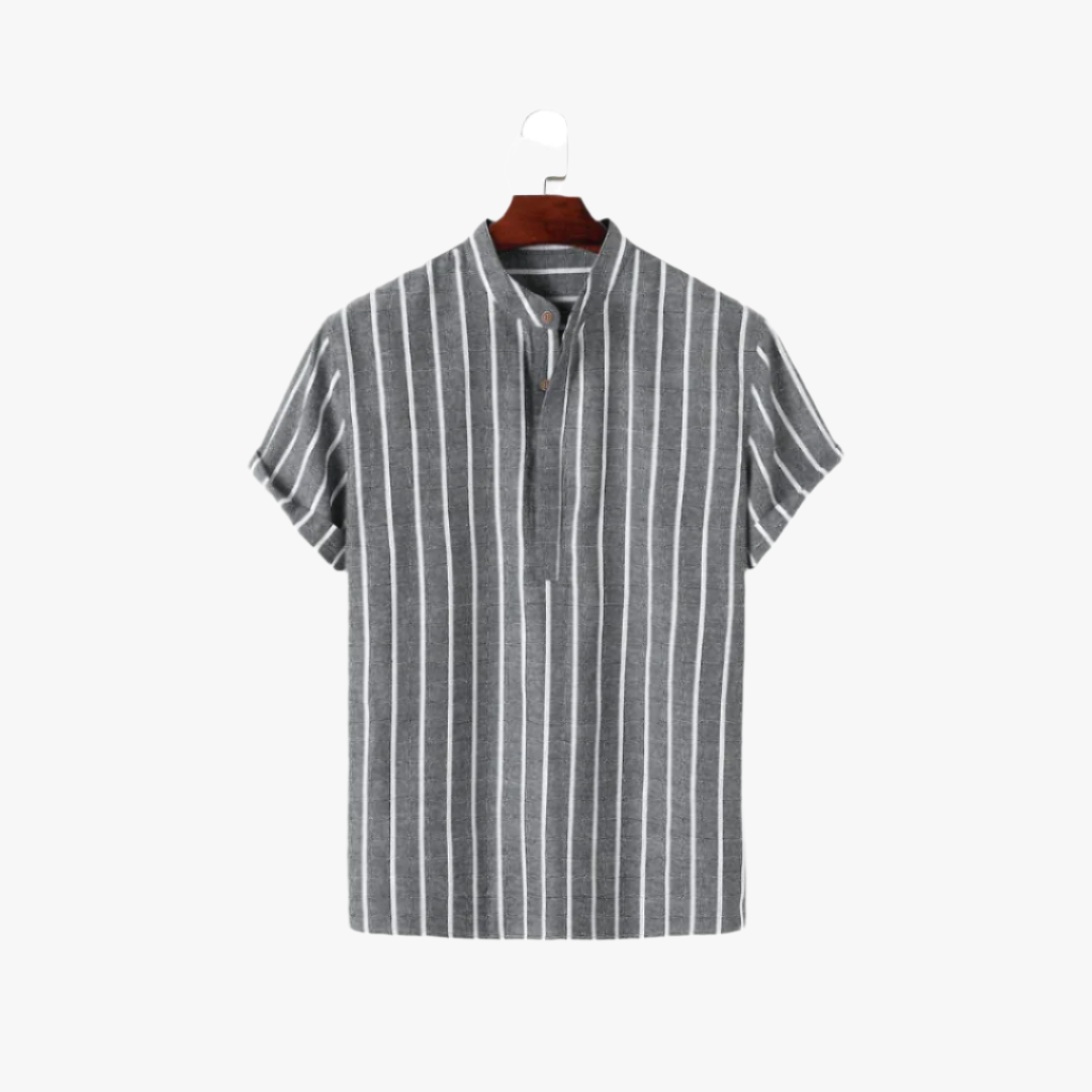 Miles & Luna | Striped Linen Shirt – Men's Lightweight Short-Sleeve with Stand-Up Collar