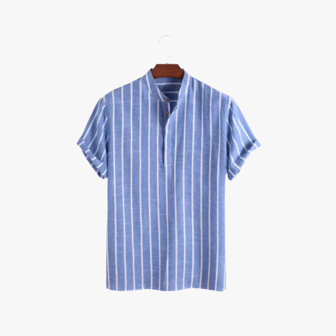 Miles & Luna | Striped Linen Shirt – Men's Lightweight Short-Sleeve with Stand-Up Collar
