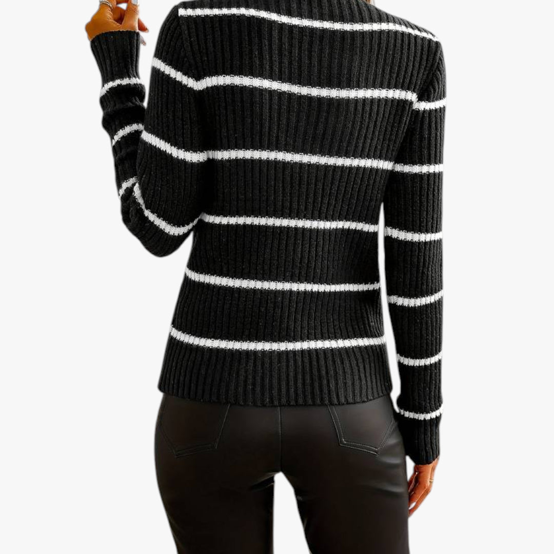 Miles & Luna Striped Turtleneck Sweater with Ribbed Knit and Slim Fit Design for Women