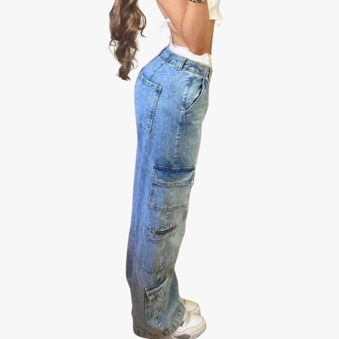 Miles & Luna Stylish High Wausted Cargo Baggy Jeans with Side Pockets for Women