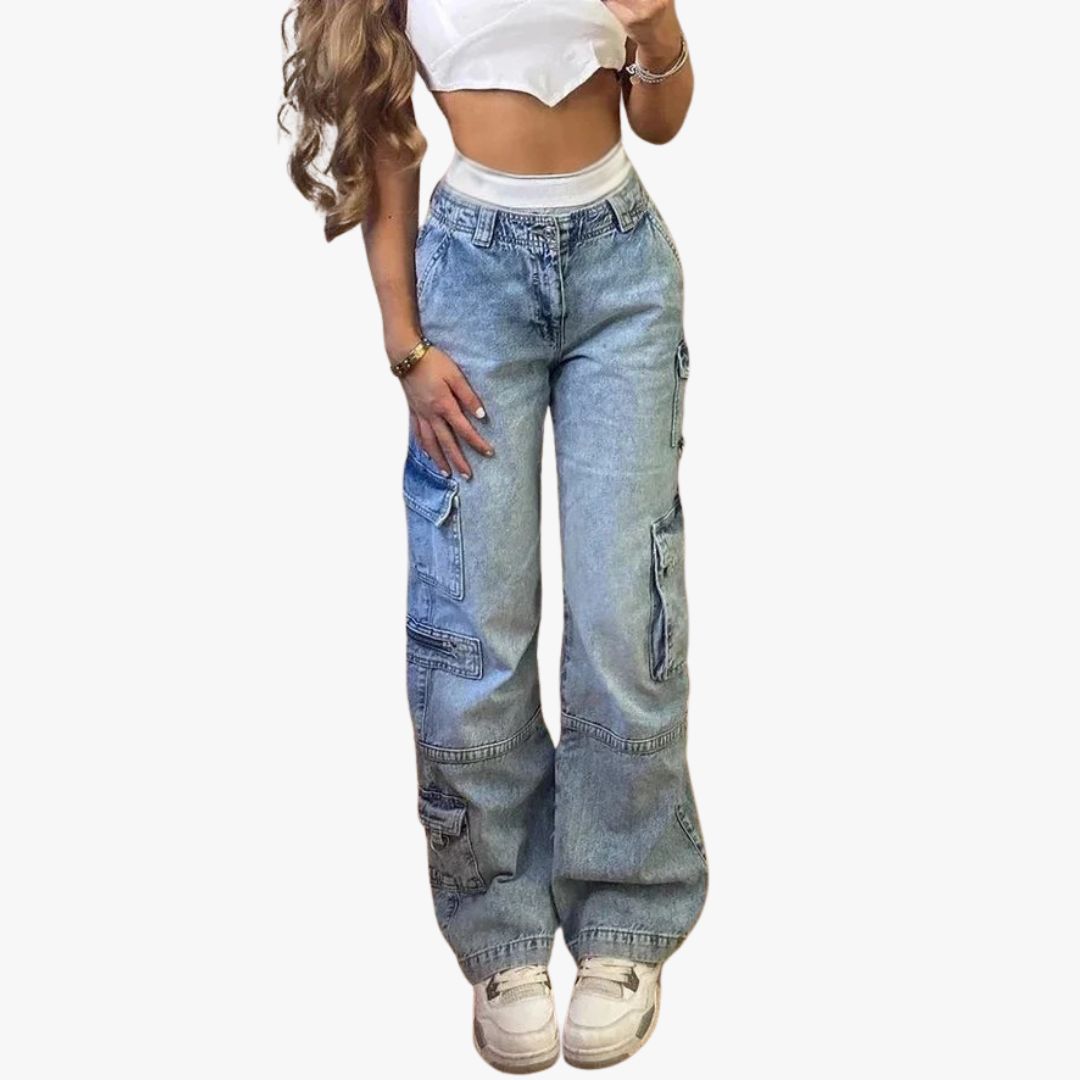 Miles & Luna Stylish High Wausted Cargo Baggy Jeans with Side Pockets for Women