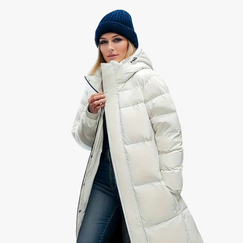 Miles & Luna Stylish Long Down Coat with Hood and Padding for Women