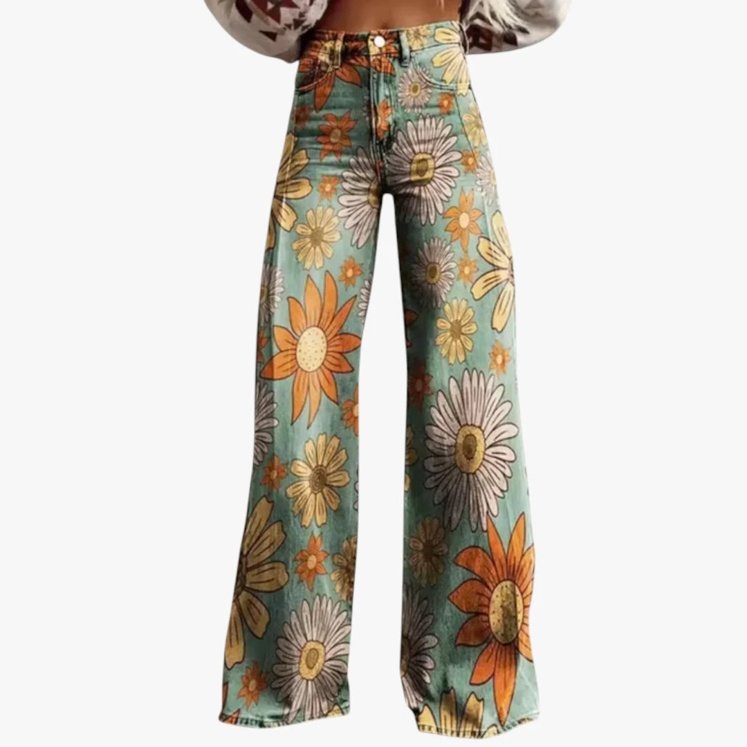 Miles & Luna Trousers – Lightweight Fabric with Wide Legs, Colorful All-Over Print