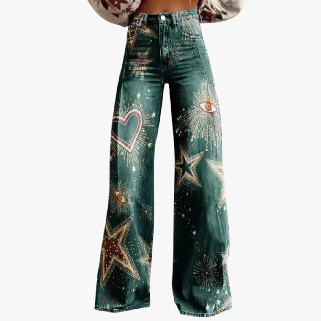 Miles & Luna Trousers – Lightweight Fabric with Wide Legs, Colorful All-Over Print