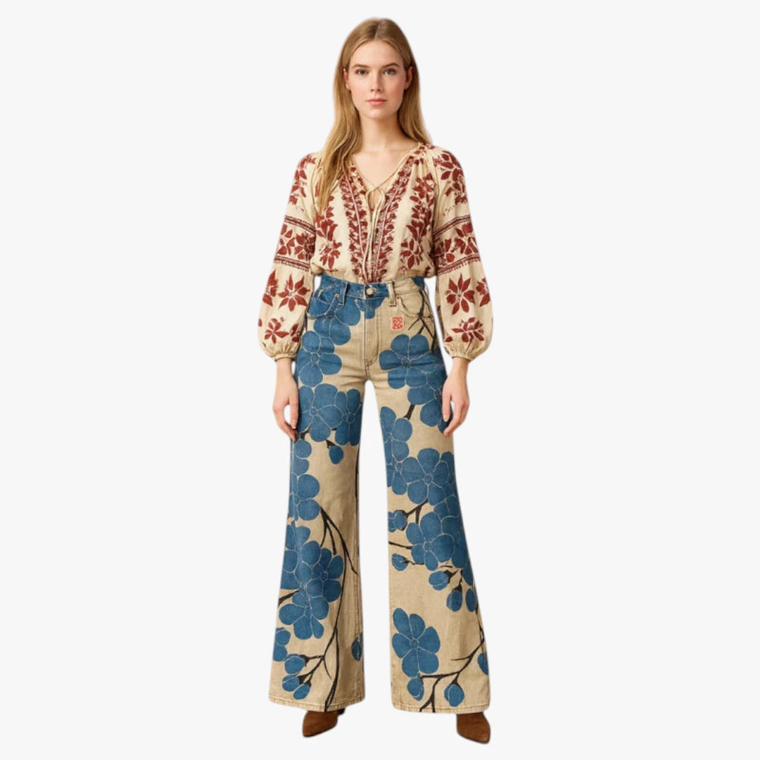 Miles & Luna Trousers – Lightweight Fabric with Wide Legs, Colorful All-Over Print