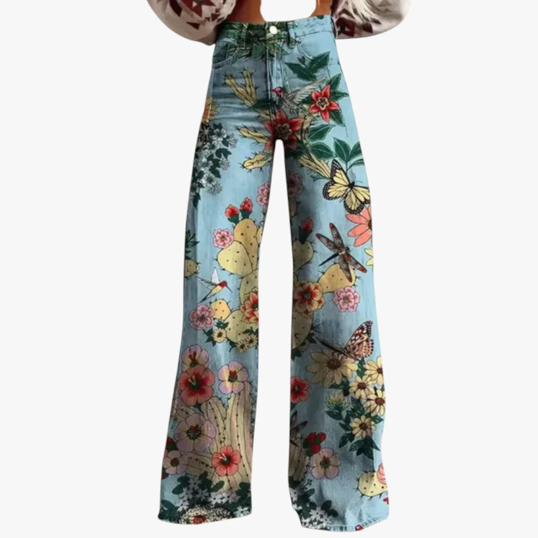 Miles & Luna Trousers – Lightweight Fabric with Wide Legs, Colorful All-Over Print