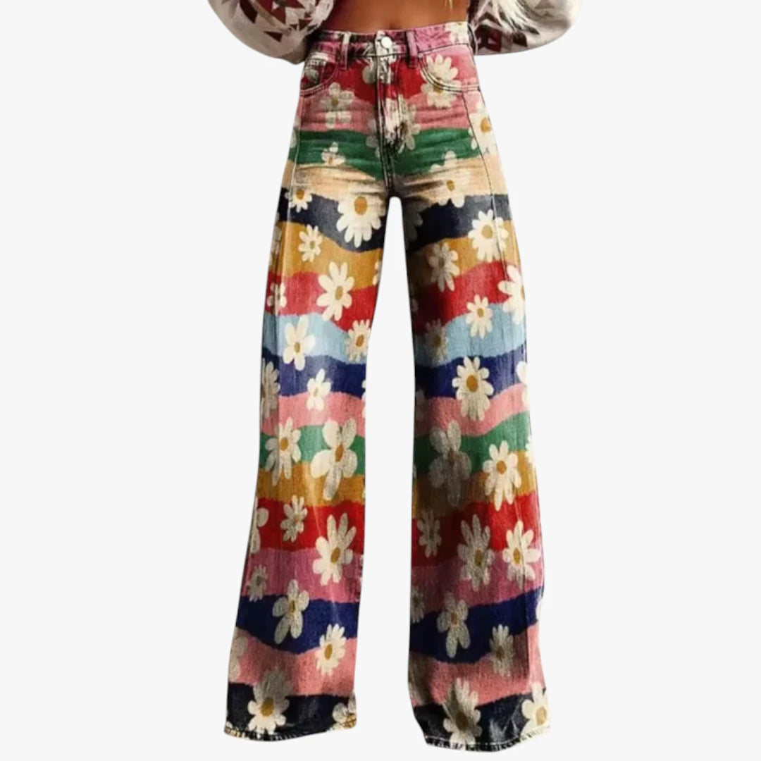 Miles & Luna Trousers – Lightweight Fabric with Wide Legs, Colorful All-Over Print