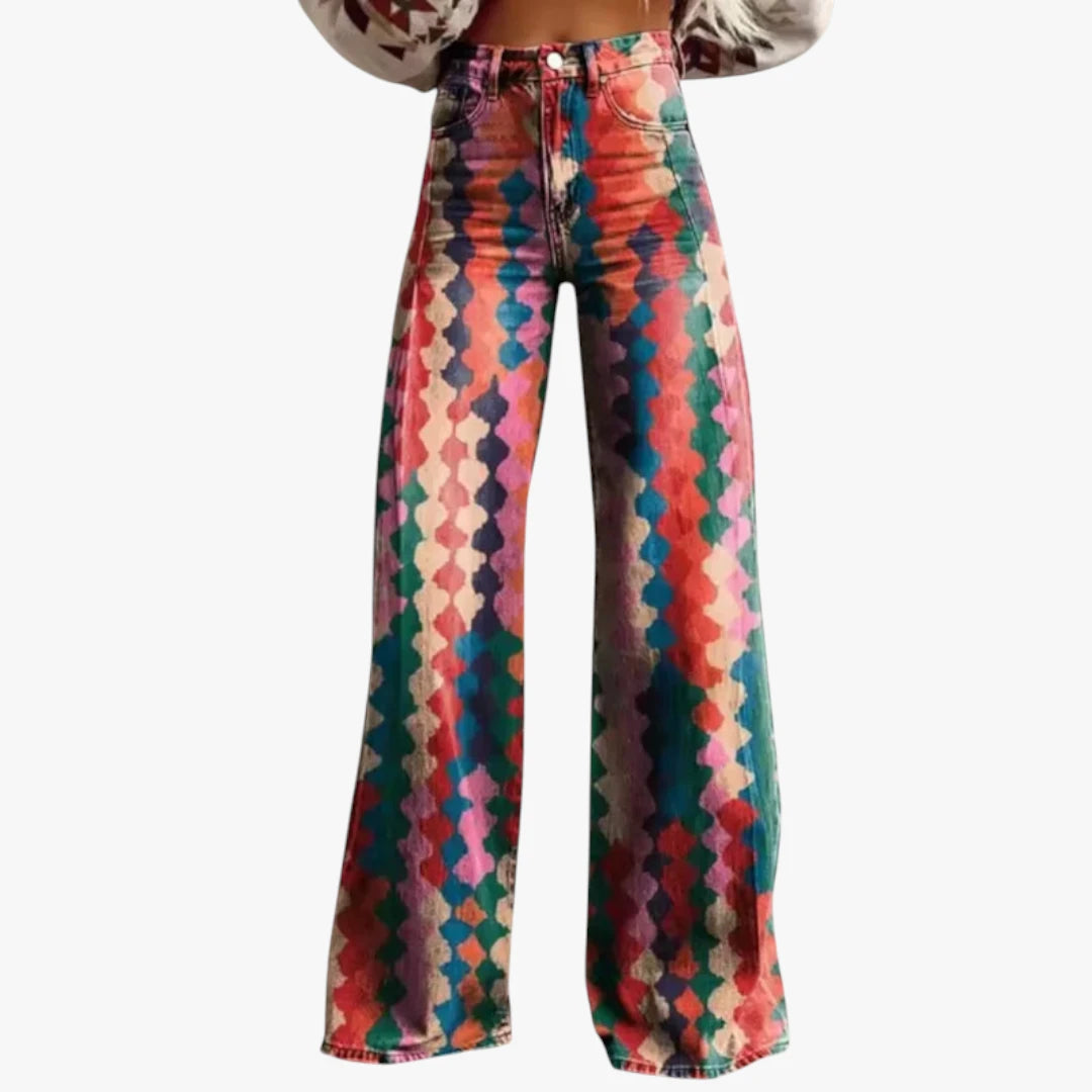 Miles & Luna Trousers – Lightweight Fabric with Wide Legs, Colorful All-Over Print
