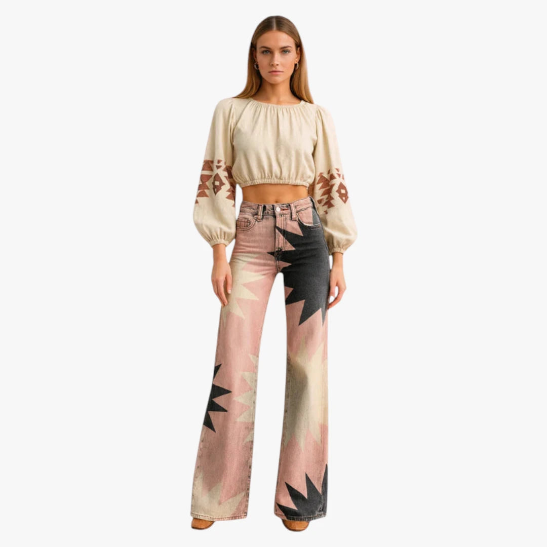 Miles & Luna Trousers – Lightweight Fabric with Wide Legs, Colorful All-Over Print