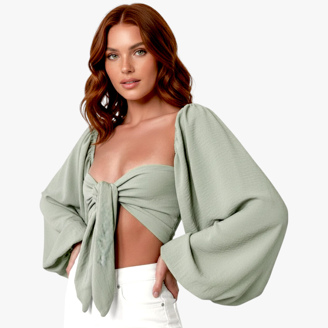 Miles & Luna Wrap Crop Top with Batwing Sleeves and Ruched Back Detail for Women