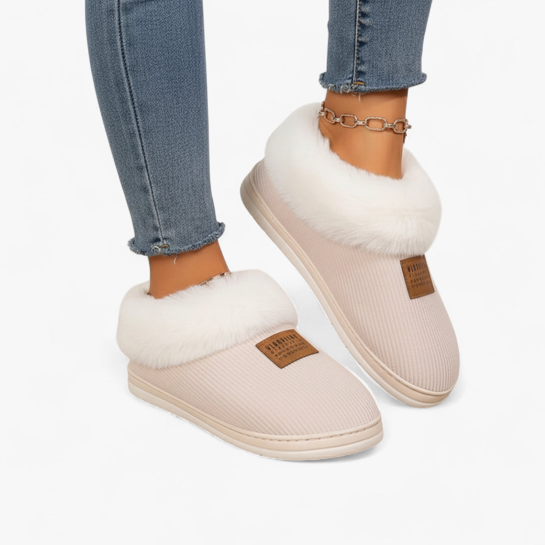 Miles & Luna Beige Fur Lined Slippers with Soft Interior and Anti Slip Sole for Women