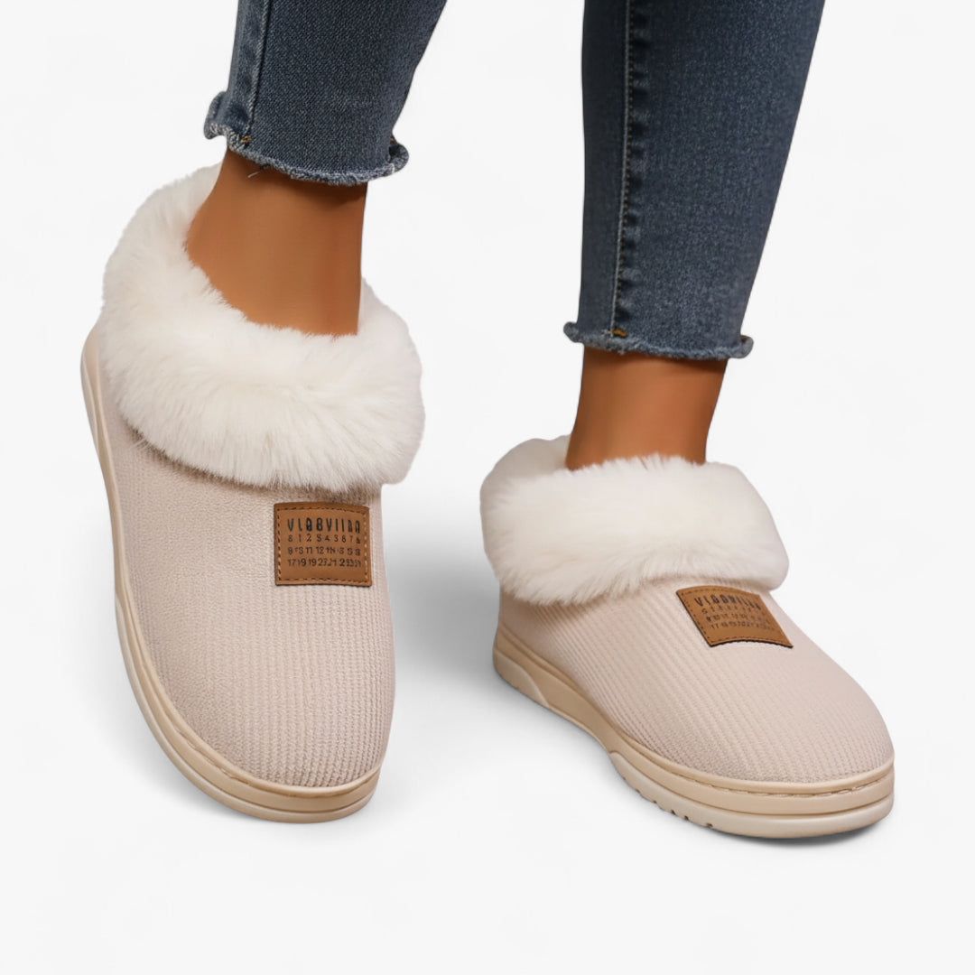Miles & Luna Beige Fur Lined Slippers with Soft Interior and Anti Slip Sole for Women