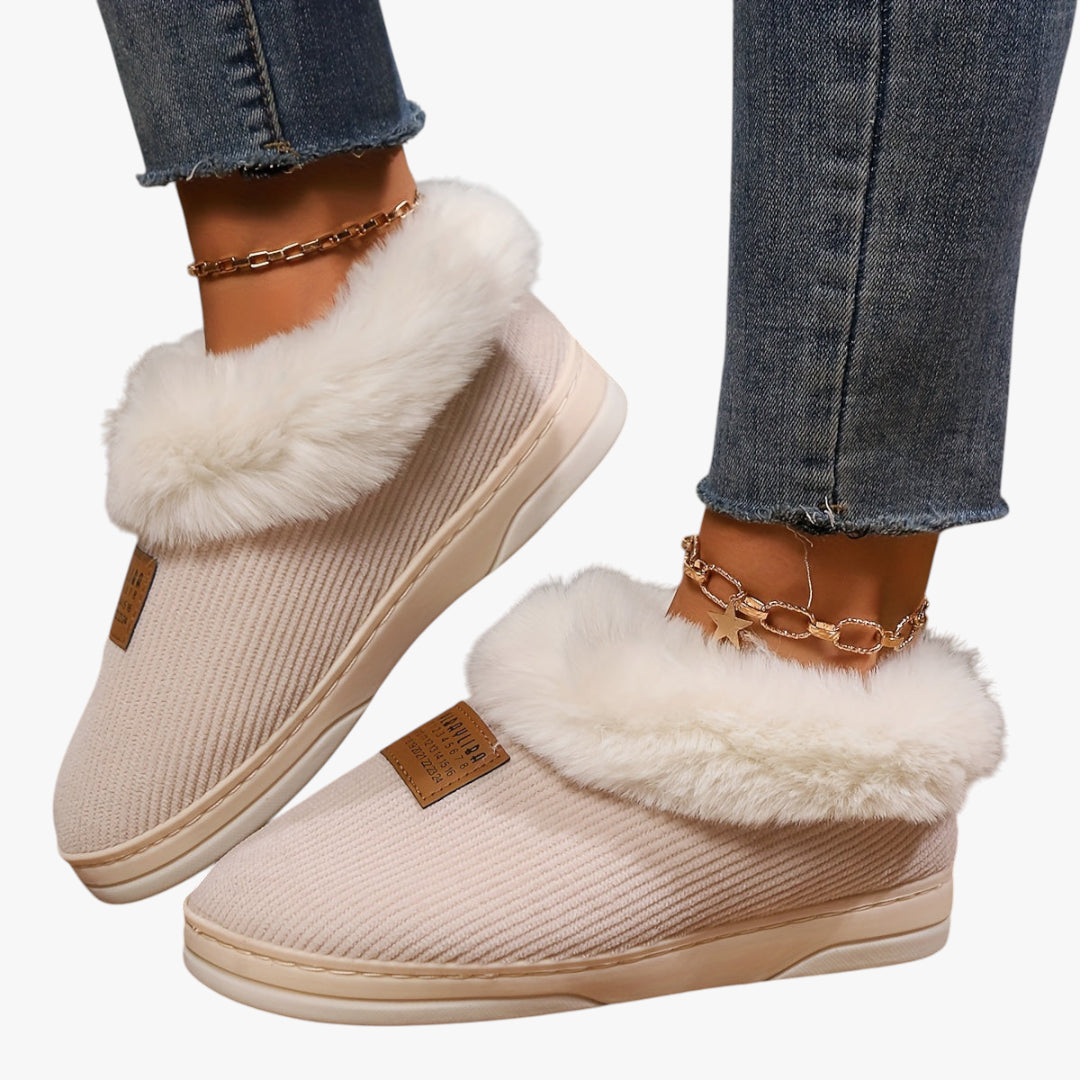 Miles & Luna Beige Fur Lined Slippers with Soft Interior and Anti Slip Sole for Women