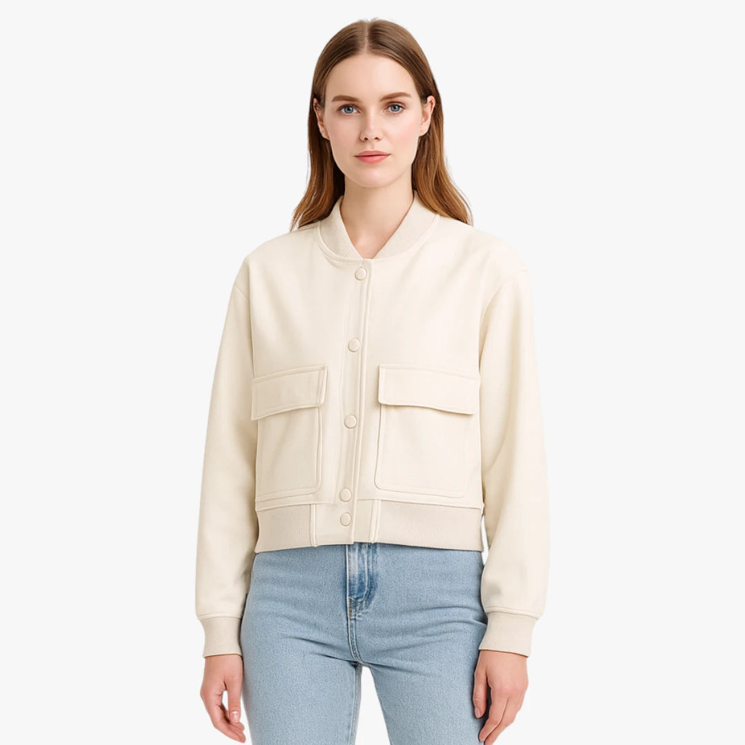 Miles & Luna Cropped Varsity Bomber Jacket Classic Button-Up Ribbed Collar & Cuffs Casual Fit for Women