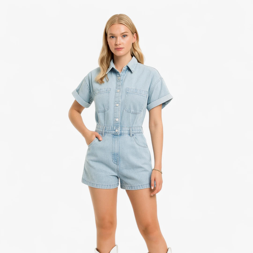 Miles & Luna Denim Jumpsuit With Button Closure And Blouse Collar For Women