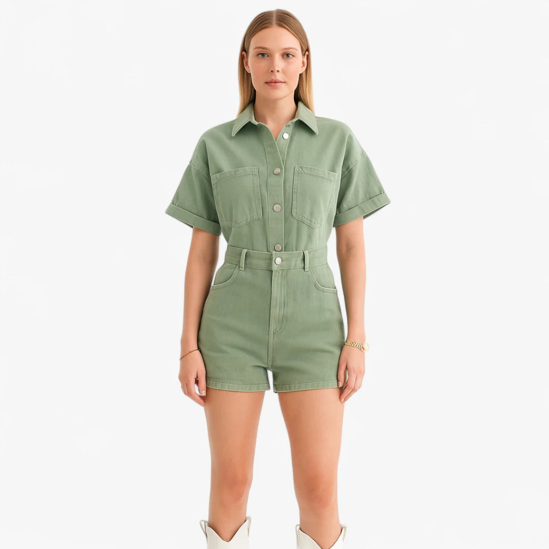 Miles & Luna Denim Jumpsuit With Button Closure And Blouse Collar For Women