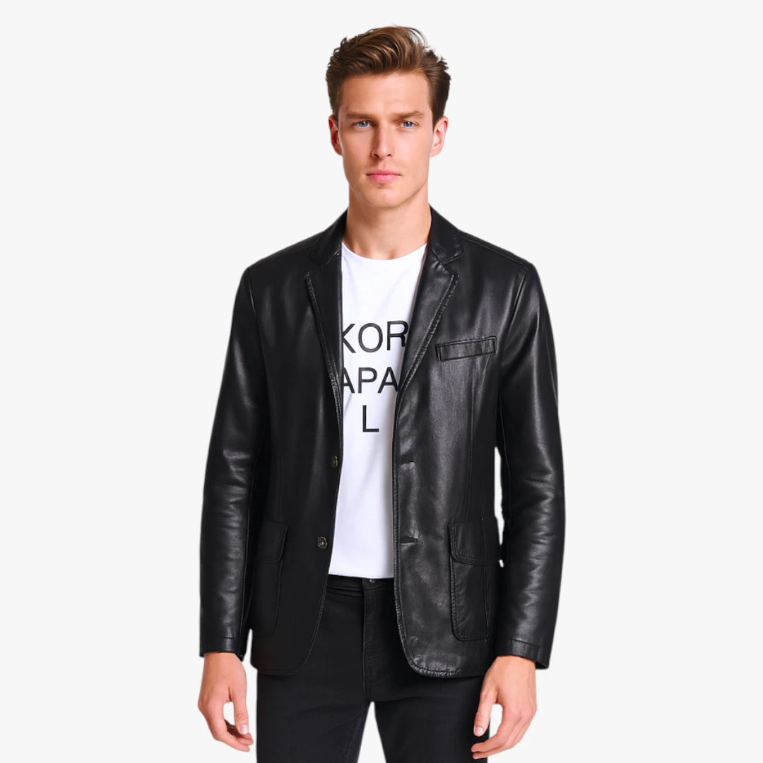 Miles & Luna Leather Jacket with Stand Collar & Button Closure for Men