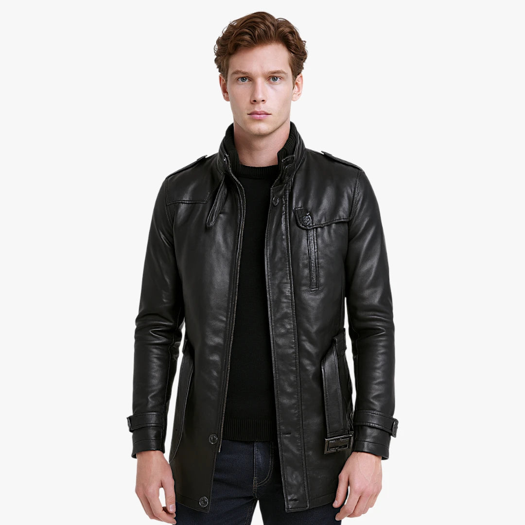 Miles & Luna Long Leather Jacket with Pockets for Men