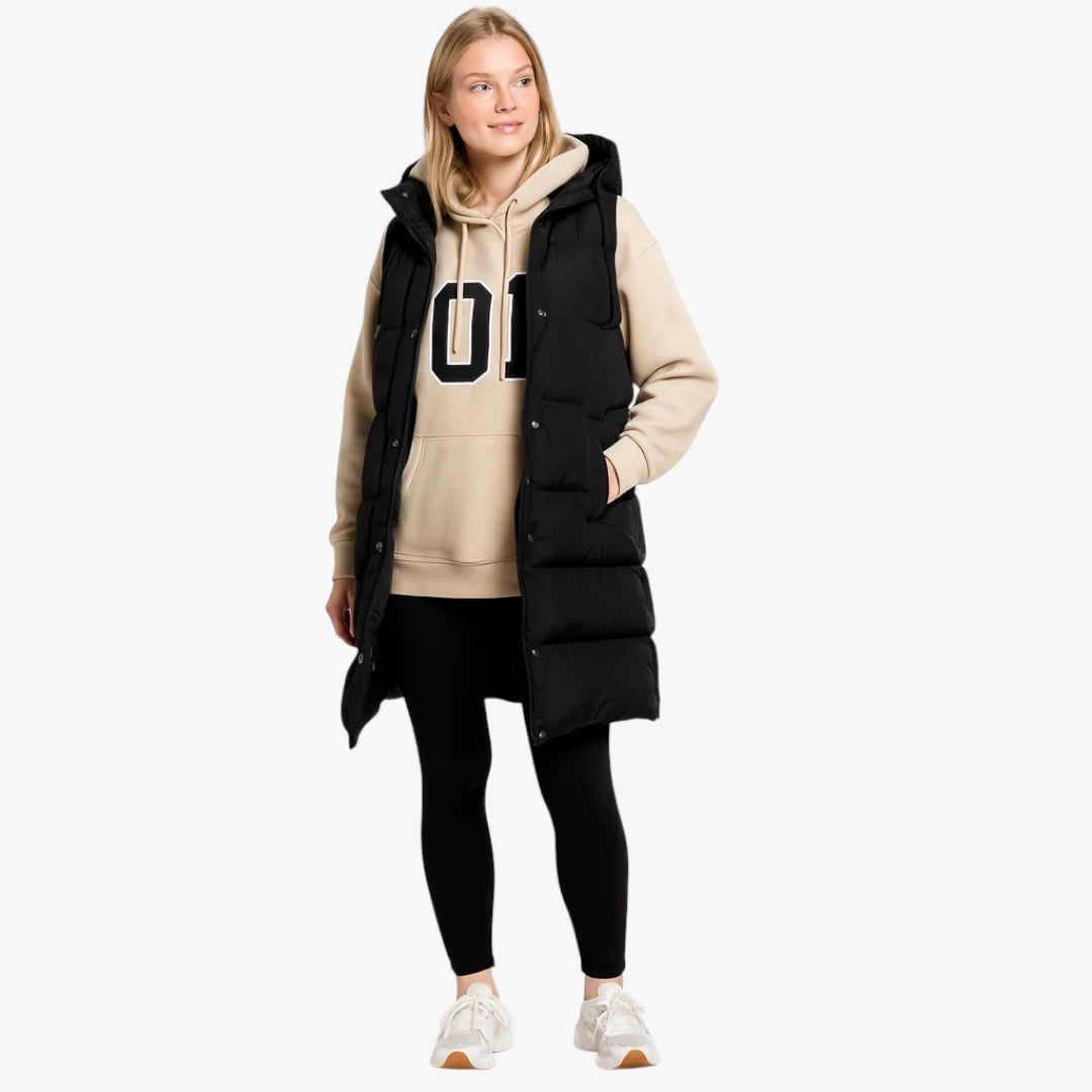 Miles & Luna Longline Padded Sleeveless Hooded Puffer Gilet with Side Zip Detail for Women