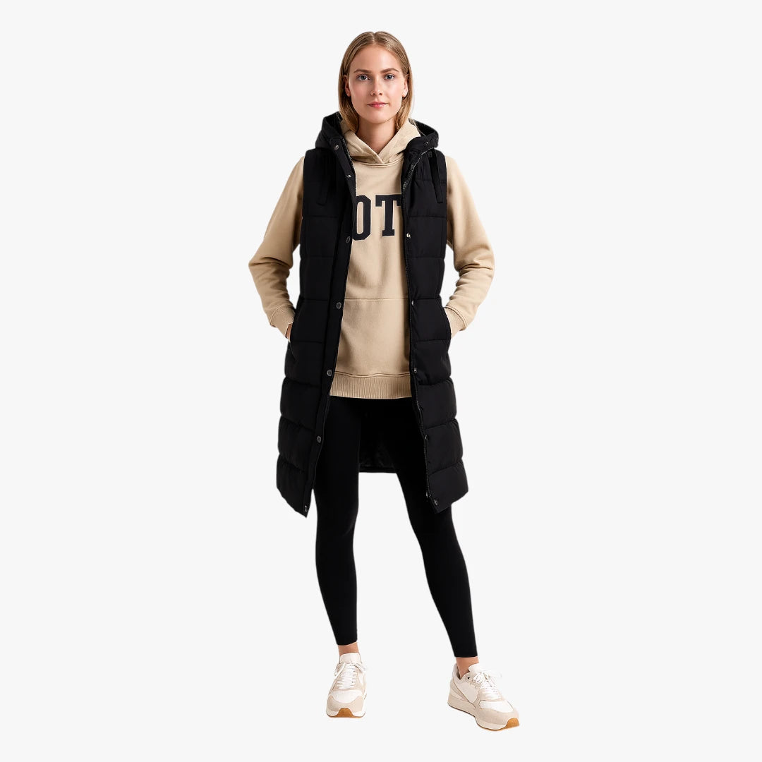 Miles & Luna Longline Padded Sleeveless Hooded Puffer Gilet with Side Zip Detail for Women