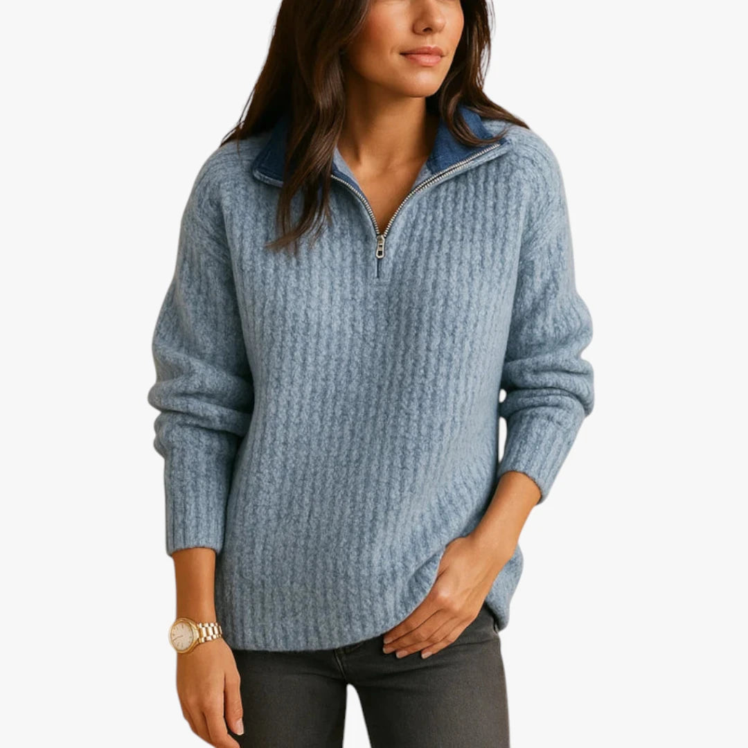 Miles & Luna Sweater Wool Sweater With Half Zip And Knitted look For Women