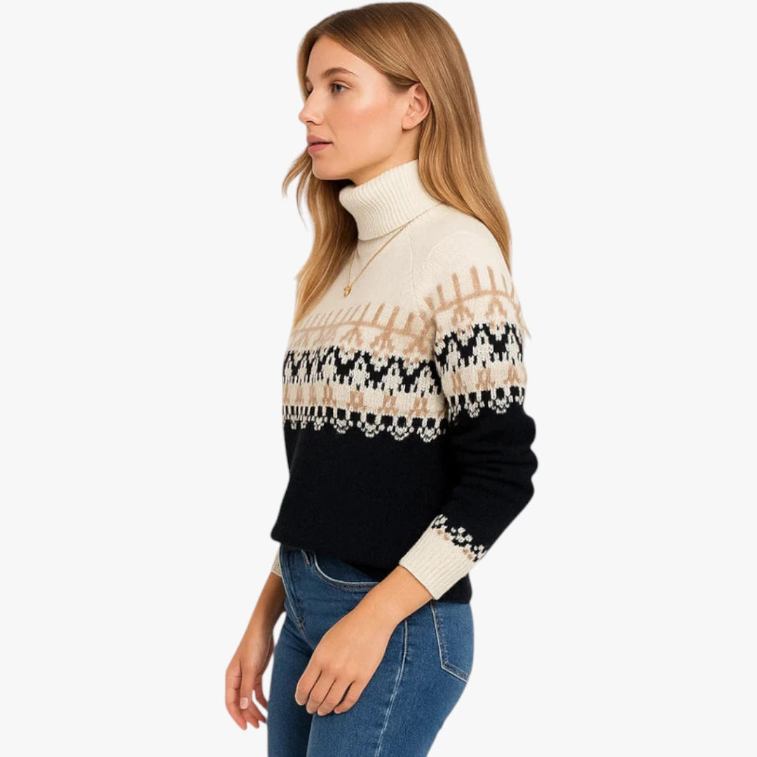 Miles & Luna Wool Sweater Norwegian Design Black And White Turtleneck With Warm And Comfortable Fit For Women