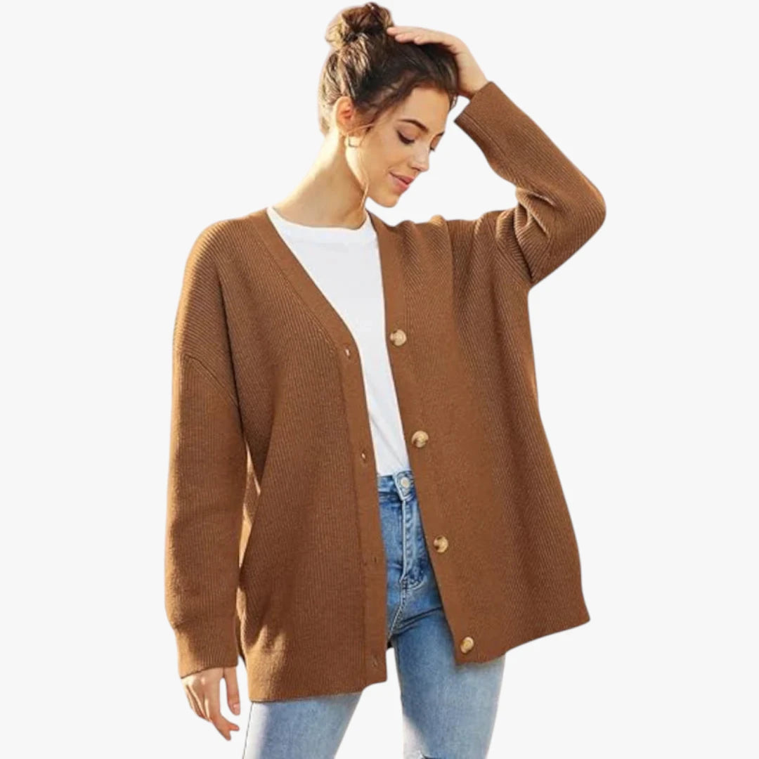 Miles & Luna Oversized Crochet Cardigan With V-Neck And Button Closure For Women